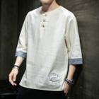 3/4-sleeve Frog-buttoned Linen T-shirt
