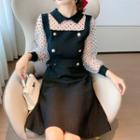 Polo Collar Panel Dotted Mesh A-line Knit Dress
