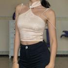 Halter-neck Off-shoulder Floral Embroidered Top