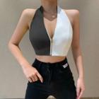 Halter-neck Two-tone Zip Crop Top