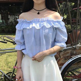 Striped Off-shoulder Short-sleeve Blouse As Shown In Figure - One Size