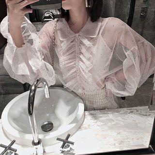 Set: Ruffle-trim Mesh Blouse + Camisole Almond - One Size