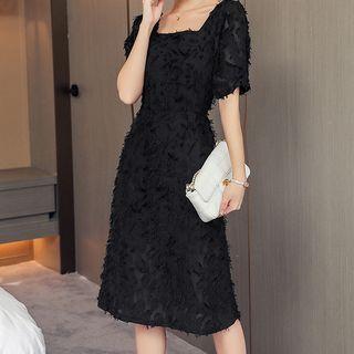 Fringed Short-sleeve Midi Sheath Dress
