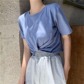 Twisted Front Glitter Short-sleeve Cropped Top