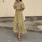 Puff-sleeve Floral Print A-line Midi Dress Yellow - One Size