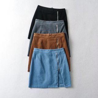 High-waist Zip-detail Corduroy Slit Mini Skirt