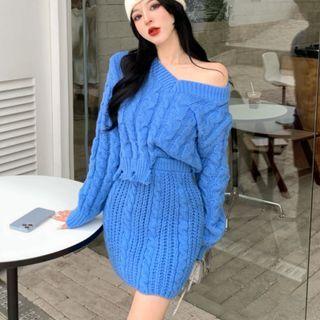 Set: Cable Knit V-neck Sweater + Mini Fitted Skirt