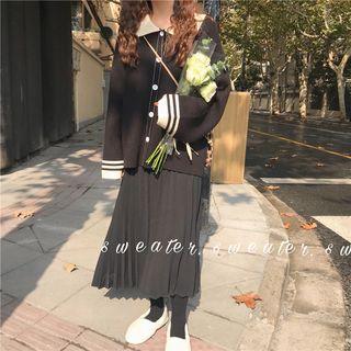 Stripes Cardigan / Pleated Knit Skirt