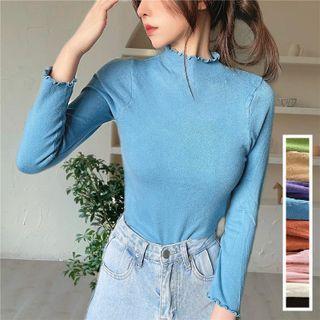 Long-sleeve Mock-neck Plain Frilled Top