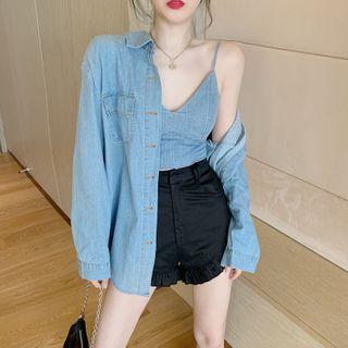 Long-sleeve Denim Shirt / Spaghetti Strap Top / Hot Pants