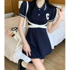 Puff-sleeve Collar Letter Embroidered Mini A-line Dress