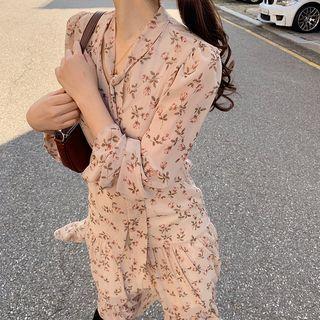 Long-sleeve Tie Neck Floral Printed Dress