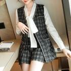 Tie-neck Blouse / Plaid Button-up Vest / Shorts