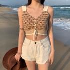 Floral Print Lace-up Knit Camisole Top Almond - One Size