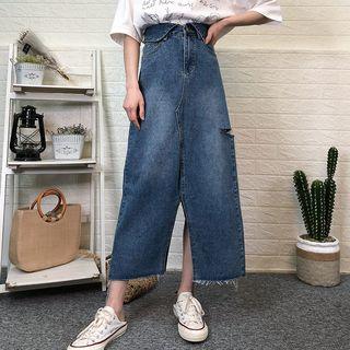 Ripped Slit Midi A-line Denim Skirt