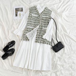 Tweed Button Vest / Long-sleeve Midi A-line Dress