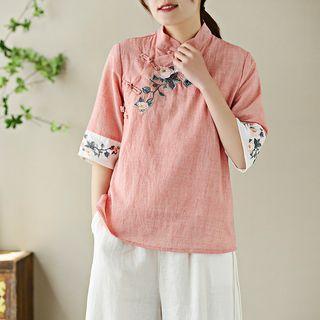 Elbow-sleeve Embroidered Frog Button Blouse