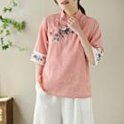 Elbow-sleeve Embroidered Frog Button Blouse