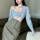Long-sleeve Striped Crop Shirt / Midi Pencil Skirt