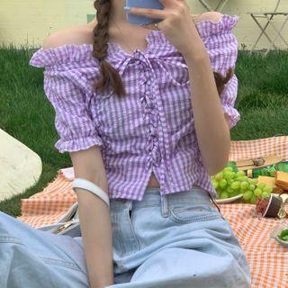 Gingham Off-shoulder Short-sleeve Cropped Blouse