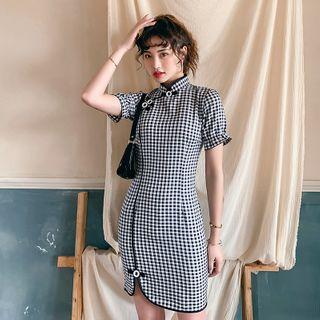 Gingham Short-sleeve Slit Mini Qipao
