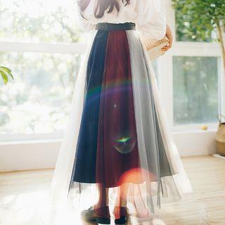 Color Block Tulle-overlay Midi Skirt