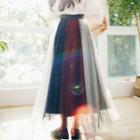 Color Block Tulle-overlay Midi Skirt