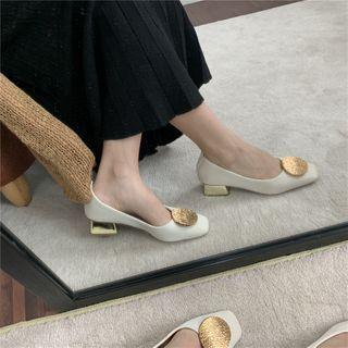Block Heel Metal Disc Pumps
