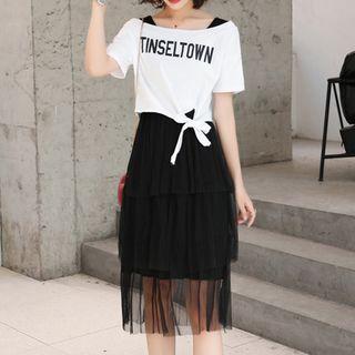 Set: Crew-neck Sleeveless Midi Dress + Lettering Short-sleeve T-shirt