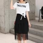 Set: Crew-neck Sleeveless Midi Dress + Lettering Short-sleeve T-shirt