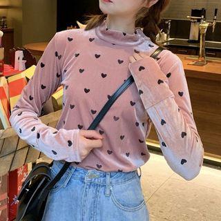 Long-sleeve Mock-neck Heart Pattern T-shirt
