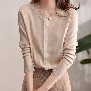 Set: Long-sleeve Plain Ruffle Trim Top + High-waist Plain Skirt