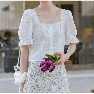 Puff-sleeve Embroidered Square-neck Blouse