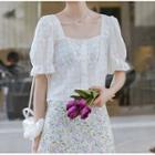 Puff-sleeve Embroidered Square-neck Blouse