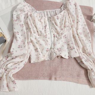 Long-sleeve Floral Print Crop Top Floral Print - Almond - One Size