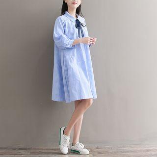 Bow Accent Elbow-sleeve Shirt Dress