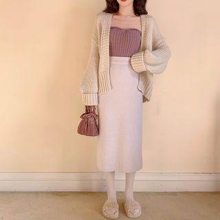 Open-front Cardigan / Strapless Knit Top / Midi A-line Skirt