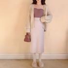 Open-front Cardigan / Strapless Knit Top / Midi A-line Skirt