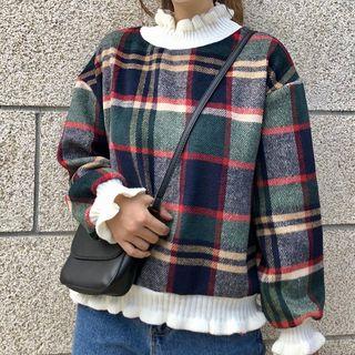 Mock-turtleneck Ruffle Hem Plaid Sweater