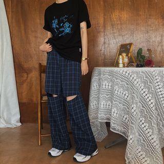 Ripped Plaid Straight-cut Pants