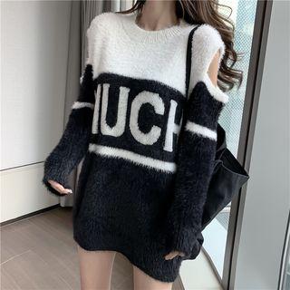 Cold Shoulder Color Block Sweater As Shown In Figure - One Size