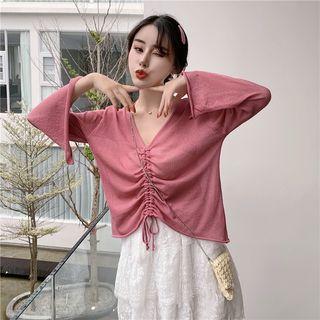 Sheer Long-sleeve Drawstring Crop Top