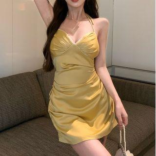Halter Satin Mini Sheath Dress