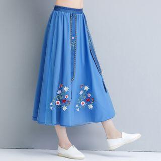 Flower Embroidered Midi A-line Skirt Blue - One Size