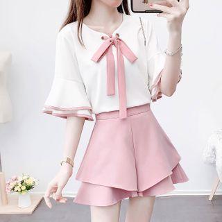 Elbow-sleeve Ribbon-neck Top / Wide-leg Shorts