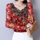 Flower Print Long-sleeve Lace Top