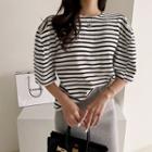 Puff-sleeve Stripe T-shirt Navy Blue - One Size