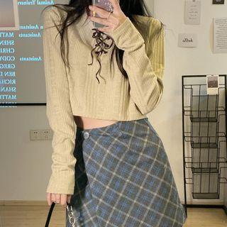 Long-sleeve Lace-up Crop Top / Plaid Mini Skort
