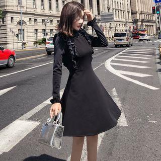 Long-sleeve Frill Trim Mini A-line Dress
