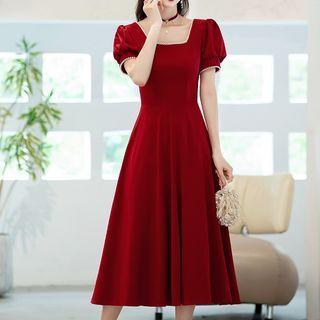 Puff-sleeve Faux Pearl Bow-back A-line Cocktail Dress